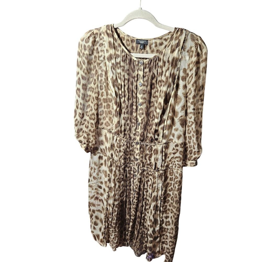 Talbots 8P Petite Leopard Print Pleated Midi Dress With Buttons & 3/4 Sleeves